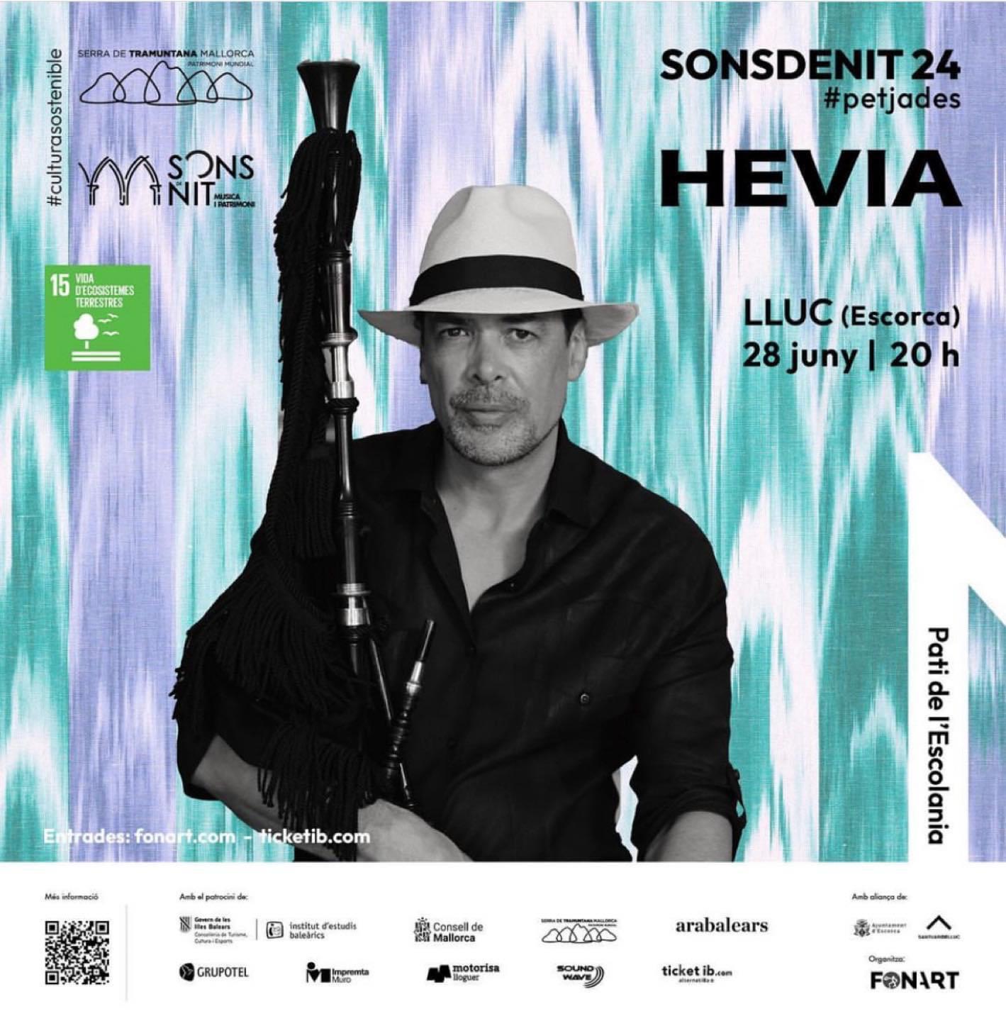Cartell de Sons de Nit 2024 amb Hevia i la seva gaita: concert a Lluc, Escorca, el 28 de juny a les 20 h